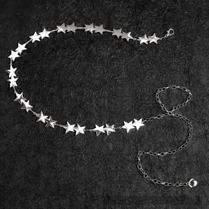 Close-up of star-shaped silver metal waist chain with lobster clasp and extension link