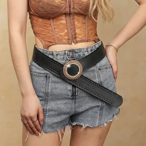Damen Vintage PU-Leder Gürtel Mit Großer Runder Strass Schnalle Modischer Laser-Durchbruch Schwarzer Taillengürtel Für Kleider