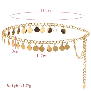 Chaîne de taille multicouche en métal doré avec paillettes rondes et pendentifs