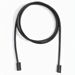 Detail of minimalist black leather waist rope with cylindrical wrapped ends for styling