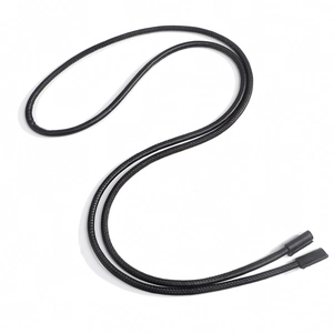 Detail showing the braided texture and cylindrical metal ends of the black waist rope