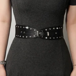 Ceinture Élastique Large Femme Vintage Punk avec Rivets et Strass en Similicuir PU Serre-taille avec Boucle à Ardillon Argentée