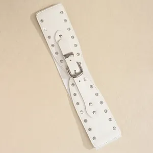 Ceinture large élastique blanche ornée de strass avec boucles argentées vintage
