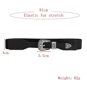 Elastic black waist belt for dresses with vintage engraved silver star buckle
