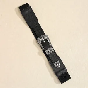 Wide elastic waist belt with vintage silver star-engraved buckle for dress styling