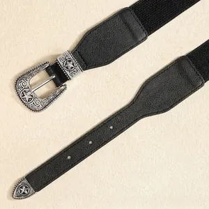 Bohemian style wide elastic belt with vintage carved buckle and silver star pattern