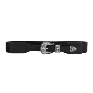 Women's western black elastic belt with vintage engraved star buckle and tip