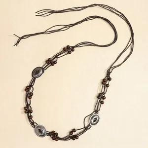 Bohemian braided waist chain with vintage silver charms and wooden beads for dresses