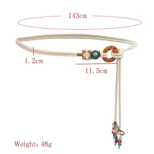 Ceinture tressée bohème avec perles en bois et pierre turquoise, longueur 143cm