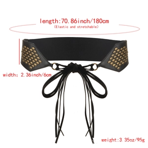 Women's punk style wide elastic waist belt with bronze studs and lace-up tassel detail