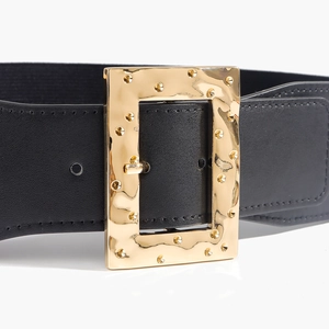 Ceinture large élastique noire tendance avec boucle rectangulaire dorée et texturée