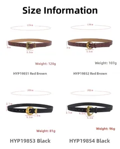 Guide des tailles montrant longueur, largeur et poids des ceintures en cuir PU rétro