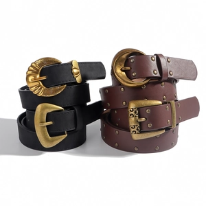 Ceintures vintage en cuir PU avec boucles en métal gravées en noir et marron