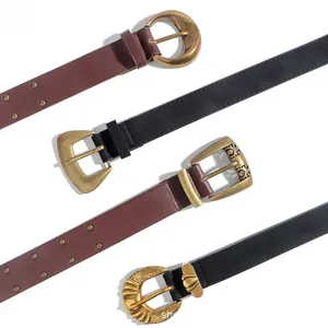 Détails de ceintures en cuir PU vintage avec boucles métalliques gravées et clous en bronze