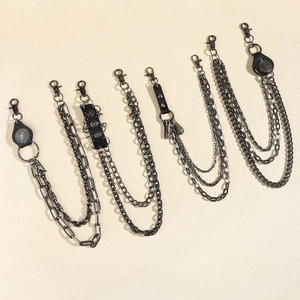 Vintage gunmetal wallet chain set with vegetable tanned leather and punk beads