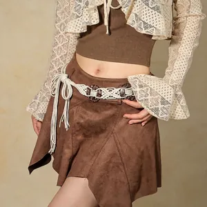 Chaîne de Taille en Corde de Coton Tissée Style Ethnique Bohème pour Femme Ceinture Rétro Blanc Cassé avec Perles et Glands