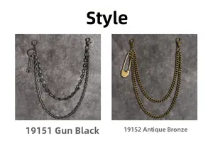 Detail view of double-layer metal pant chains in gun black and antique bronze finishes