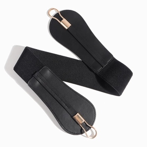 Detailed macro view of black elastic wide belt with golden metal hook buckle closure