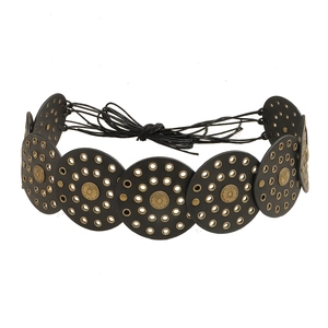 Bohemian black leather waist belt with metal sunburst studs and adjustable tie closure