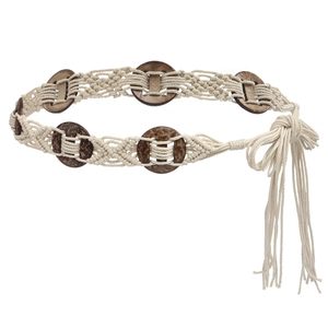 Ceinture tressée bohème en corde de coton beige avec perles en bois et pompons