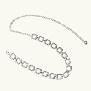 Silver square geometric link belt with lobster clasp closure on white background