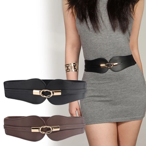 Women Fashion Wide Elastic Waist Belt PU Leather Stretchy Cinch Belt With Gold Round Interlock Buckle For Dresses Coat