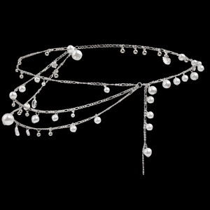 Bohemian multi-layer silver waist chain with white pearls and shell star pendants