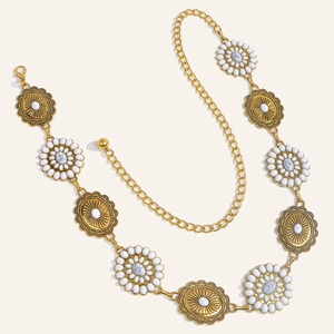 Bohemian vintage gold metal waist chain with floral medallions and marble beads