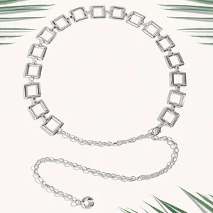 Fashionable silver square link metal waist chain belt with adjustable lobster clasp and charm