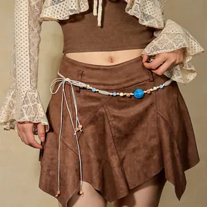 Bohemian Braided Waist Chain For Women Ethnic Style Beaded Tassel Belt For Dresses Beige Adjustable Handmade Waist Rope