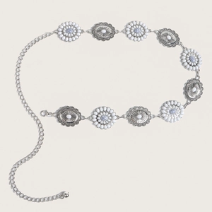 Detail of silver chain belt with blue stone floral motifs and adjustable lobster clasp
