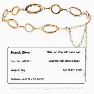 Detail of gold metal waist chain made of zinc alloy and iron links with 117cm length