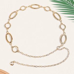 Detail of minimalist gold chain belt with oval geometric rings and adjustable clasp