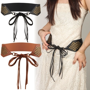 Women Retro Bohemian Faux Leather Elastic Waist Belt Tassel Lace-Up Metal Rivet Wide Waistband For Dress Accessory