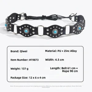 Détails de la ceinture bohème avec pierres turquoise et dimensions en cuir PU