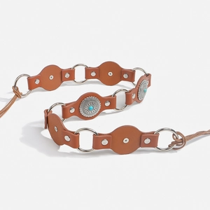 Bohemian brown leather belt with turquoise inlay and vintage silver metal accents