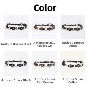 Detailed comparison of vintage belts with metal studs and rings in six different colors