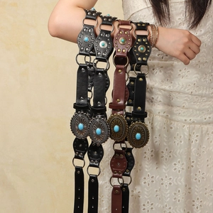 Cinturón de Cintura Bohemio Vintage para Mujer Cuero PU Premium Estilo Vaquero Occidental Hebilla de Turquesa Remache Accesorio Moda