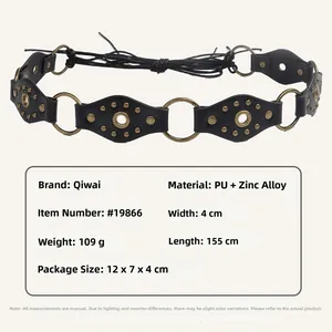 Detail view of American vintage rivet belt with 4cm width and black PU leather strap