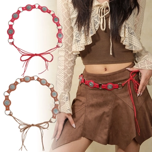 Women Bohemian PU Leather Belt With Turquoise Inlay Vintage Punk Waist Chain Adjustable Lace-Up Ethnic Decorative Dress Belt