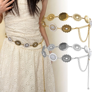 Bohemian Vintage Metal Chain Belt For Women Hollow Flower Engraved Waist Chain Adjustable Dress Decorative Belt Accessory