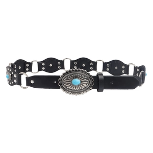 Cintura vintage bohémien in pelle nera con anelli d'argento, fibbia turchese e borchie