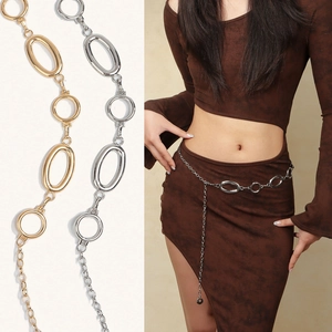 Minimalist Metal Hollow Round Oval Link Chain Belt For Women Fashion Adjustable Body Waist Chain Accessory For Dresses Suit