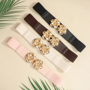 Elastische Damen-Gürtel in Schwarz, Braun, Beige und Rosa mit goldenen Blumenschnallen