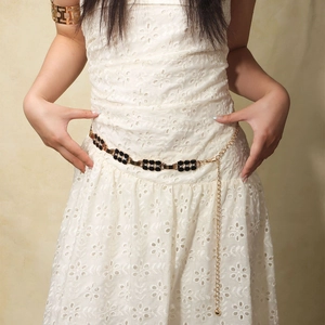 Chaîne de Taille en Métal Vintage pour Femmes Or Noir Fleur Strass Incrusté Design Trèfle Chaîne de Ceinture Décorative Robe