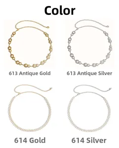 Detail of four vintage pearl waist chains in antique gold, silver and gold metal finishes