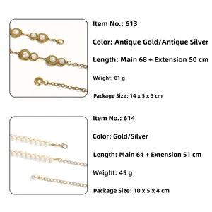 Detailed comparison of vintage gold pearl waist chains with lobster clasps and extenders