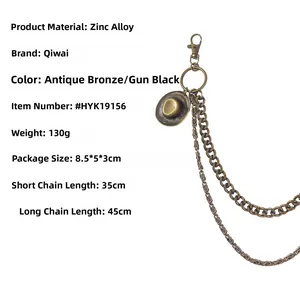 Double-layered punk metal pant chain with western cowboy hat pendant and lobster clasp