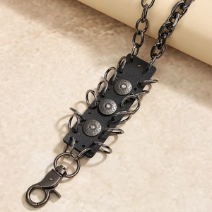 Retro punk style belt chain in black leather with metal rivets and large lobster clasp hooks