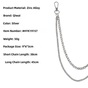 Detailed specs of silver double-layered zinc alloy pants chain with lobster clasps